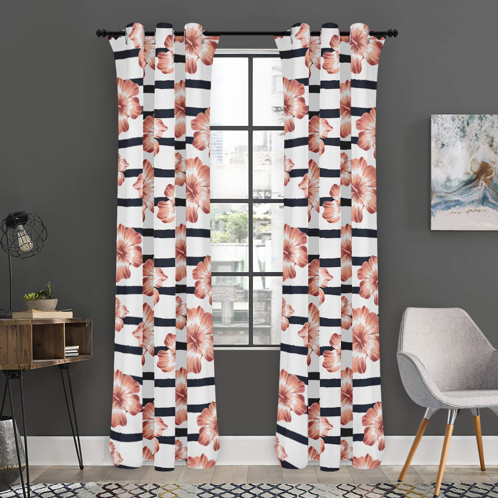 Pink Hibiscus Striped Pattern Print Curtain
