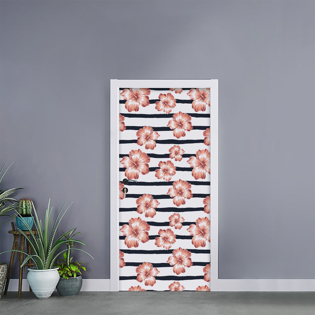 Pink Hibiscus Striped Pattern Print Door Sticker