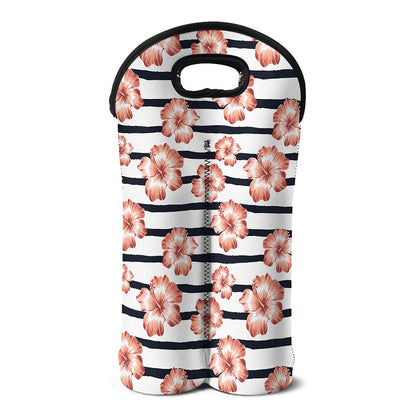 Pink Hibiscus Striped Pattern Print Double Neoprene Wine Tote