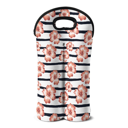 Pink Hibiscus Striped Pattern Print Double Neoprene Wine Tote