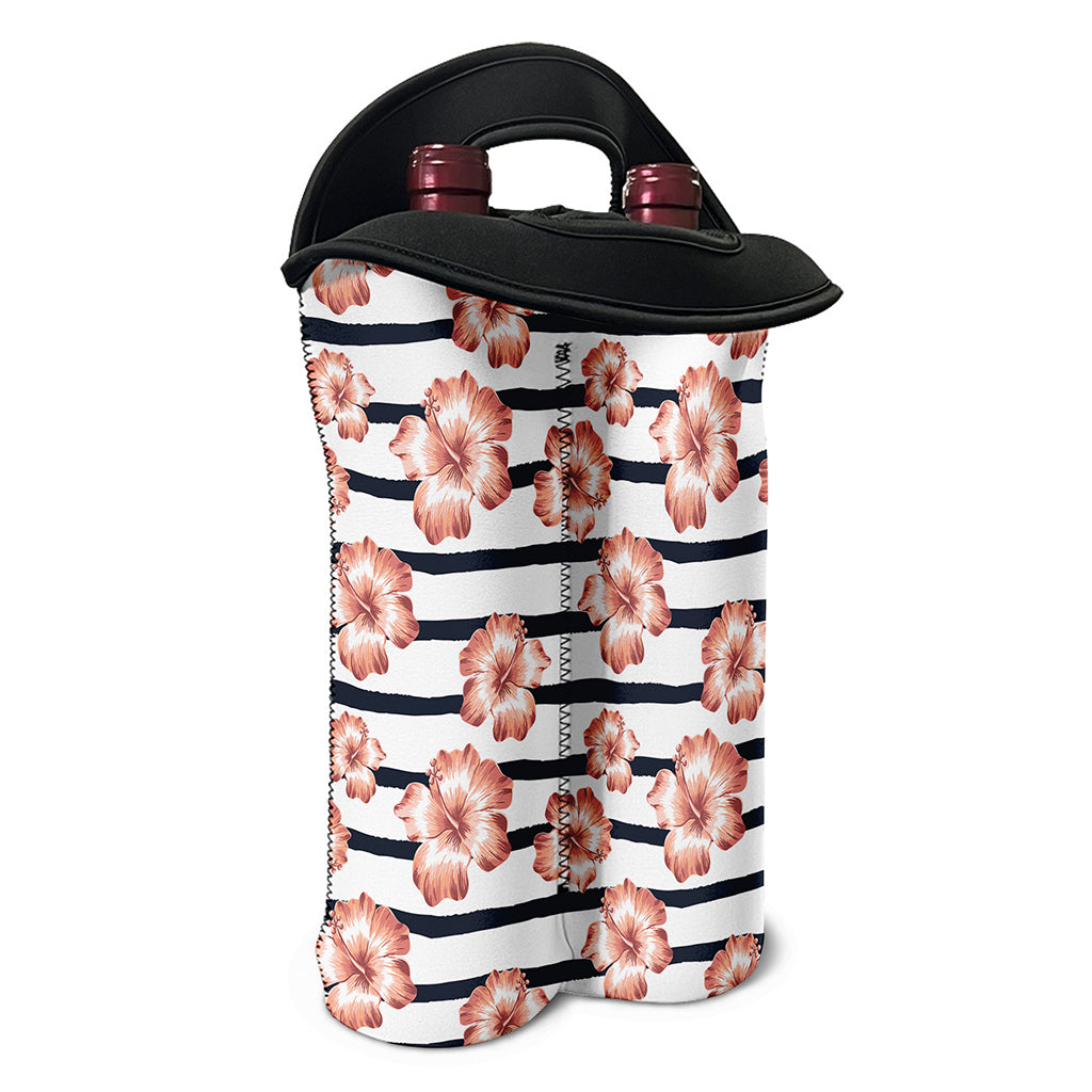 Pink Hibiscus Striped Pattern Print Double Neoprene Wine Tote