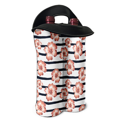 Pink Hibiscus Striped Pattern Print Double Neoprene Wine Tote