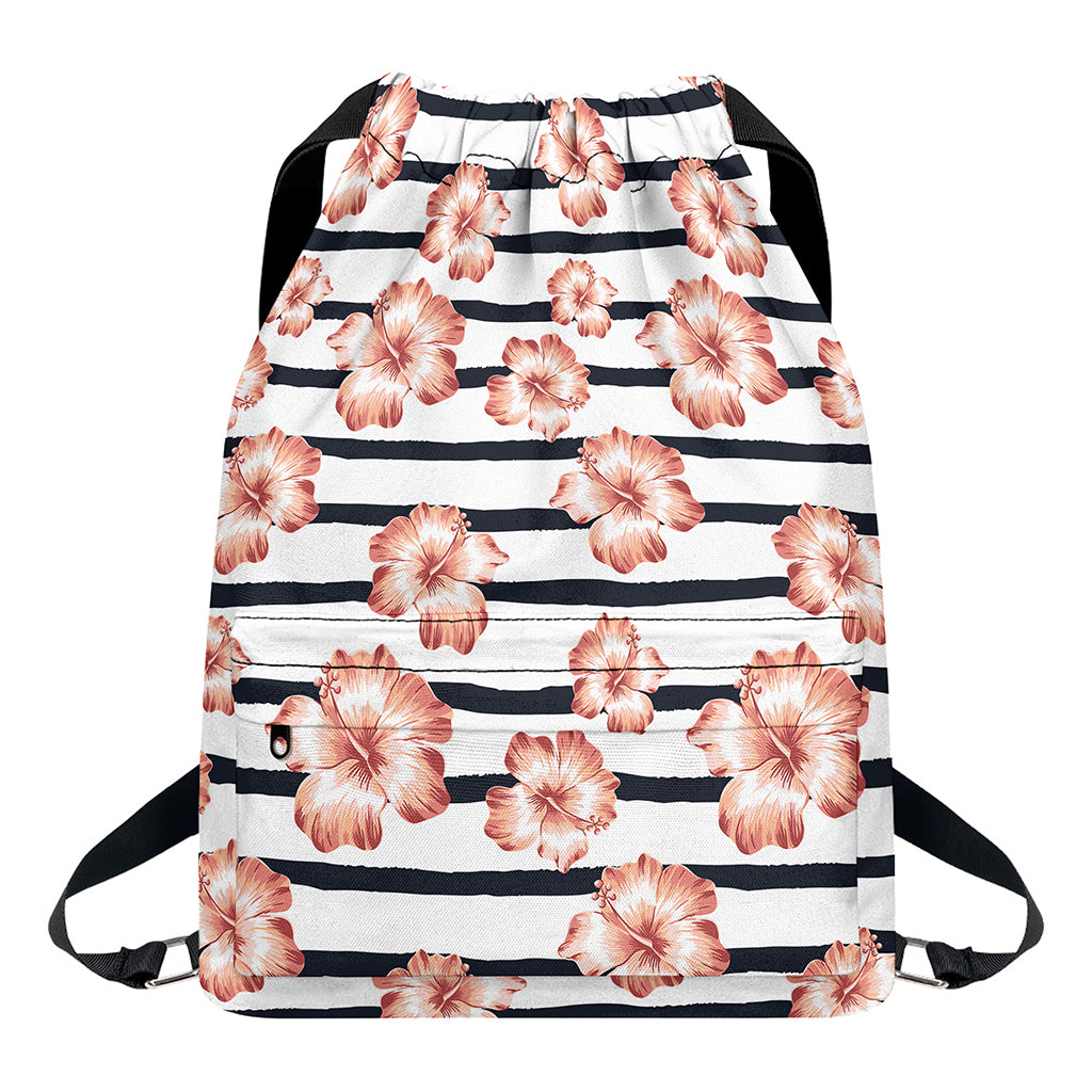 Pink Hibiscus Striped Pattern Print Drawstring Backpack