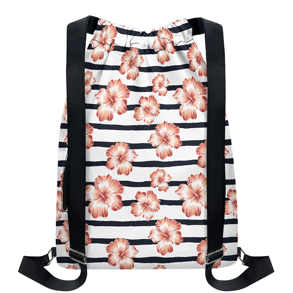 Pink Hibiscus Striped Pattern Print Drawstring Backpack