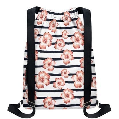 Pink Hibiscus Striped Pattern Print Drawstring Backpack