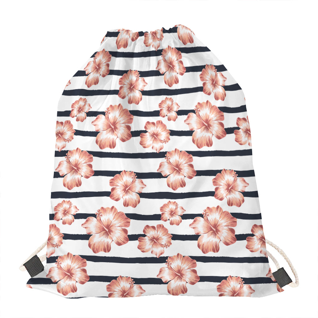 Pink Hibiscus Striped Pattern Print Drawstring Bag