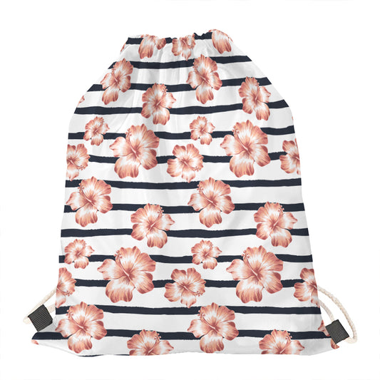 Pink Hibiscus Striped Pattern Print Drawstring Bag
