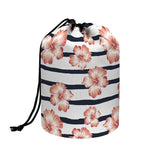 Pink Hibiscus Striped Pattern Print Drawstring Makeup Bag