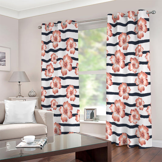 Pink Hibiscus Striped Pattern Print Extra Wide Grommet Curtains