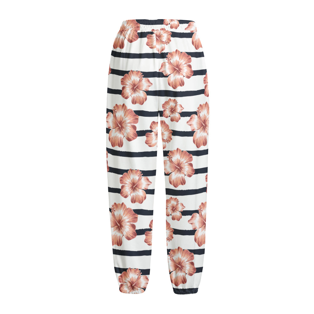 Pink Hibiscus Striped Pattern Print Fleece Lined Knit Pants