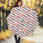 Pink Hibiscus Striped Pattern Print Foldable Umbrella