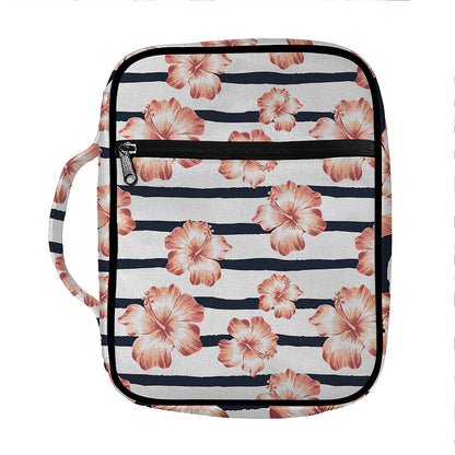 Pink Hibiscus Striped Pattern Print Front Pocket Bible Bag