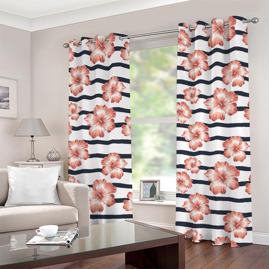 Pink Hibiscus Striped Pattern Print Grommet Curtains