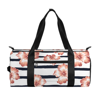 Pink Hibiscus Striped Pattern Print Gym Bag