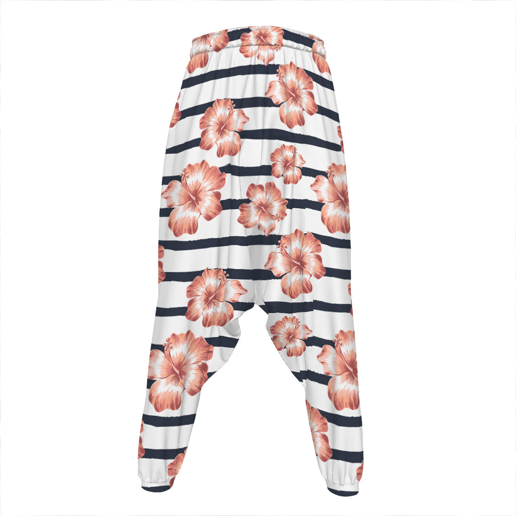Pink Hibiscus Striped Pattern Print Hammer Pants