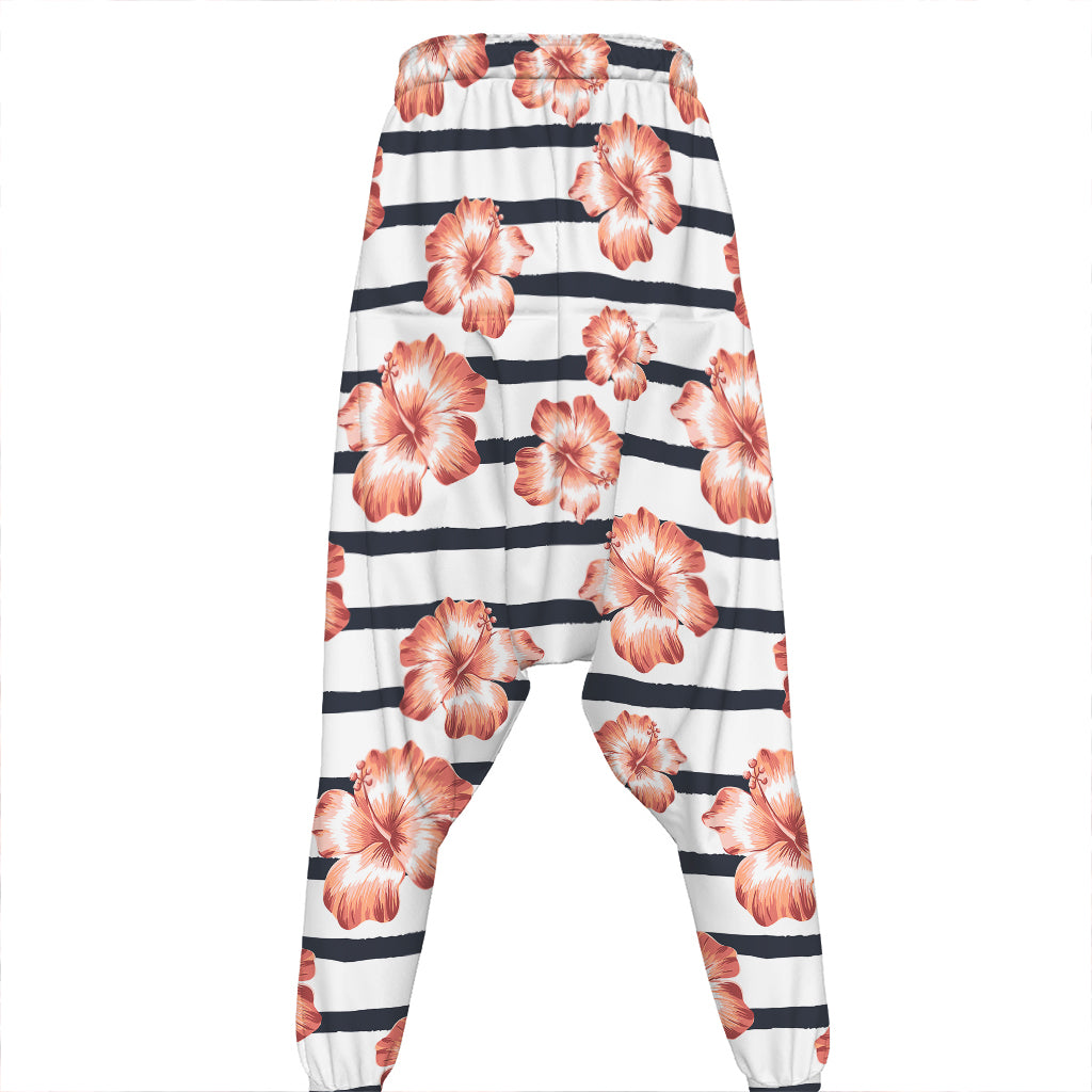 Pink Hibiscus Striped Pattern Print Hammer Pants
