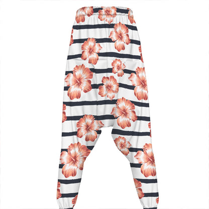Pink Hibiscus Striped Pattern Print Hammer Pants