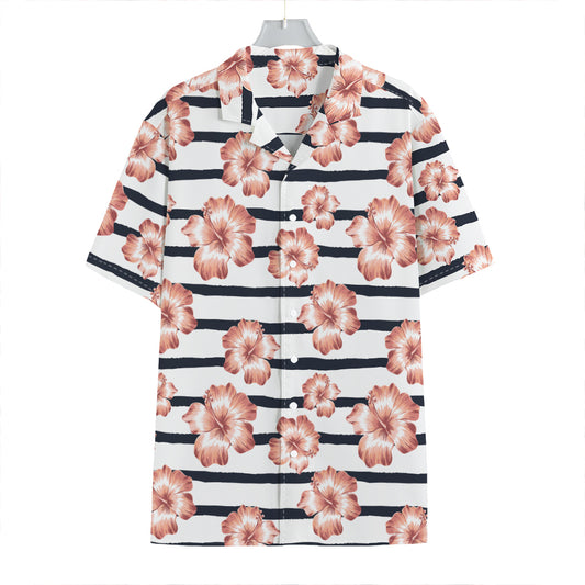Pink Hibiscus Striped Pattern Print Hawaiian Shirt