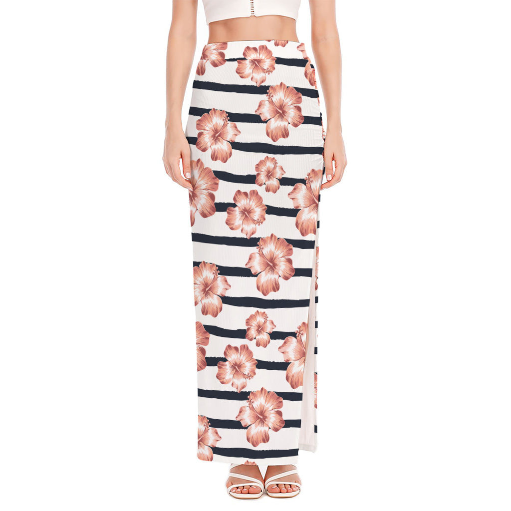 Pink Hibiscus Striped Pattern Print High Slit Maxi Skirt