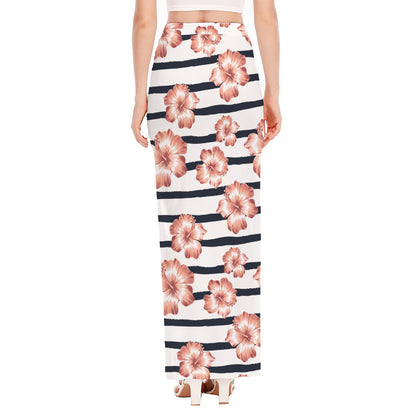 Pink Hibiscus Striped Pattern Print High Slit Maxi Skirt