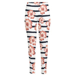 Pink Hibiscus Striped Pattern Print High-Waisted Pocket Leggings