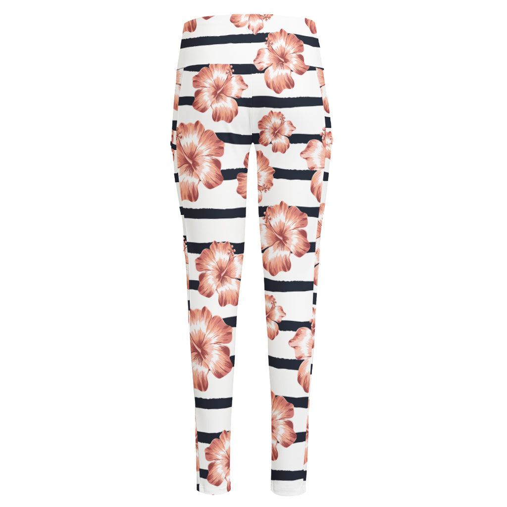 Pink Hibiscus Striped Pattern Print High-Waisted Pocket Leggings