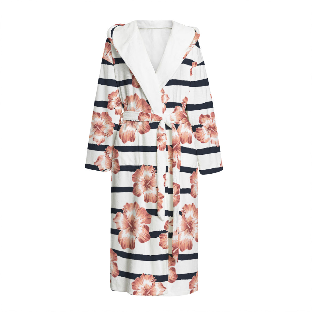 Pink Hibiscus Striped Pattern Print Hooded Bathrobe