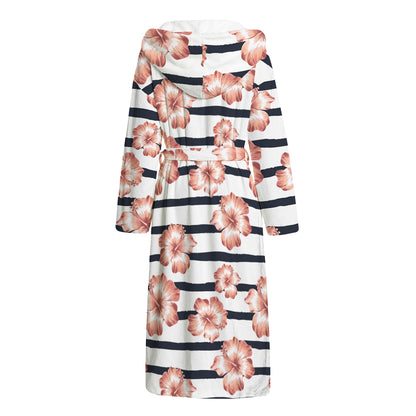 Pink Hibiscus Striped Pattern Print Hooded Bathrobe