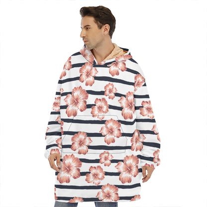Pink Hibiscus Striped Pattern Print Hoodie Blanket
