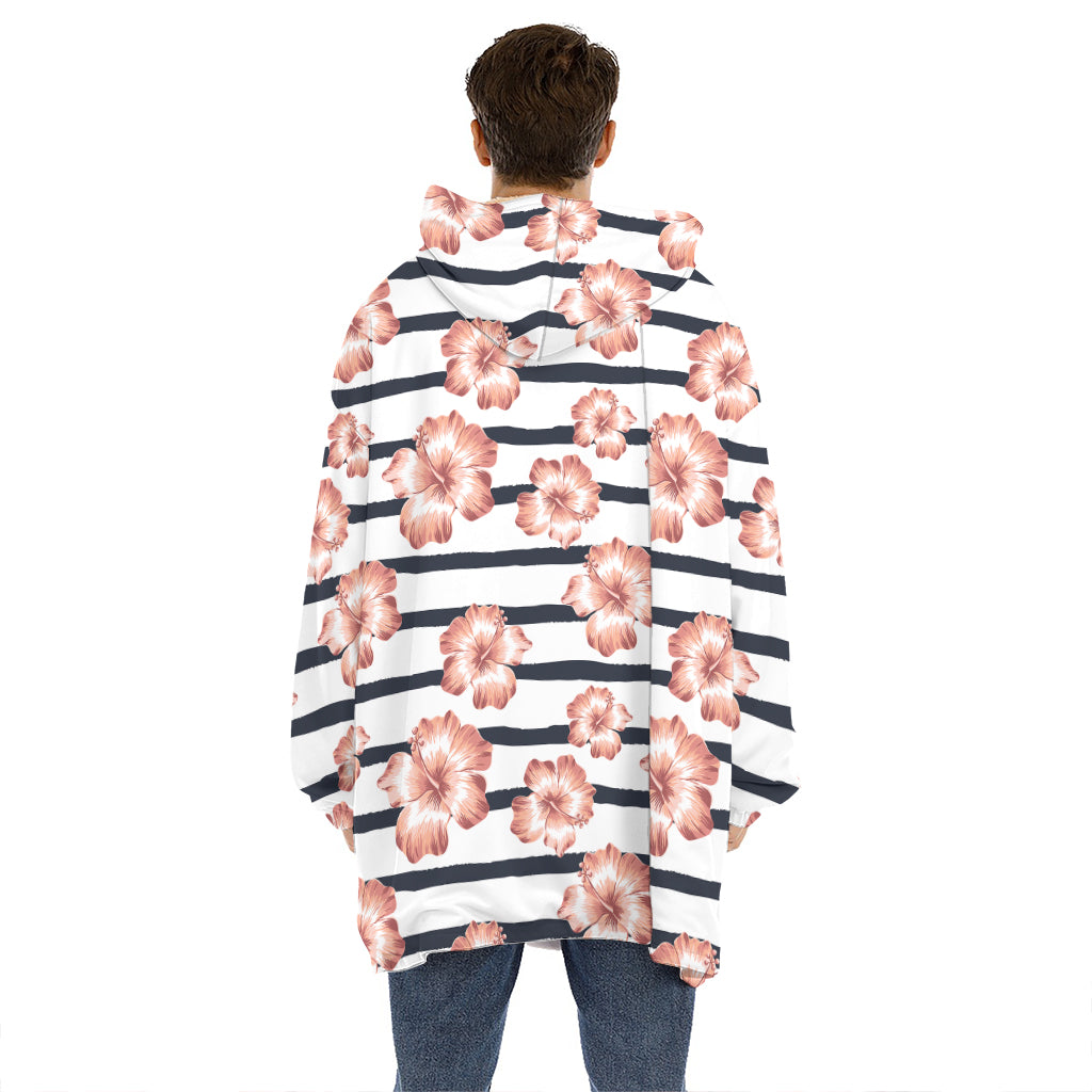 Pink Hibiscus Striped Pattern Print Hoodie Blanket