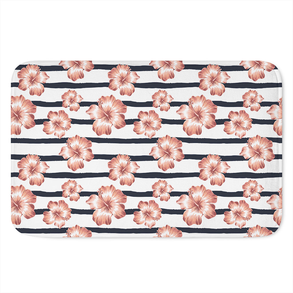 Pink Hibiscus Striped Pattern Print Indoor Door Mat