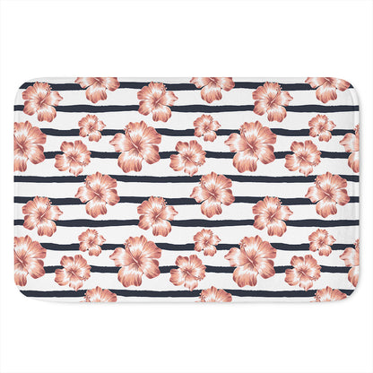 Pink Hibiscus Striped Pattern Print Indoor Door Mat