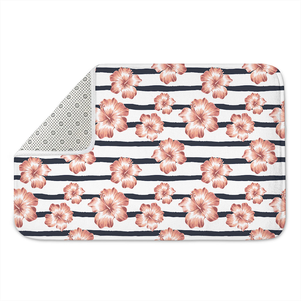 Pink Hibiscus Striped Pattern Print Indoor Door Mat
