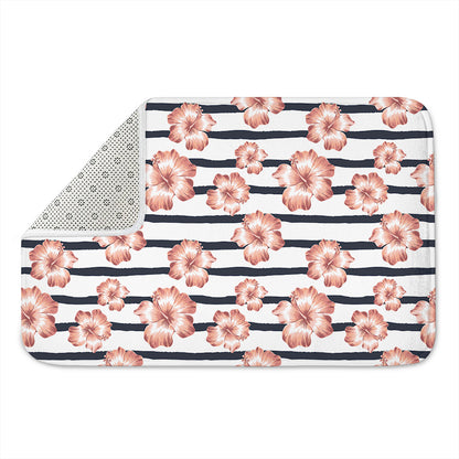 Pink Hibiscus Striped Pattern Print Indoor Door Mat