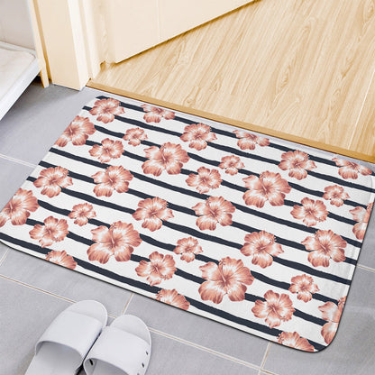 Pink Hibiscus Striped Pattern Print Indoor Door Mat