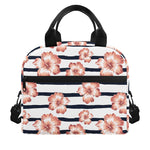 Pink Hibiscus Striped Pattern Print Insulated Lunch Bag