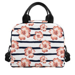 Pink Hibiscus Striped Pattern Print Insulated Lunch Bag