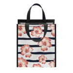 Pink Hibiscus Striped Pattern Print Insulated Lunch Tote
