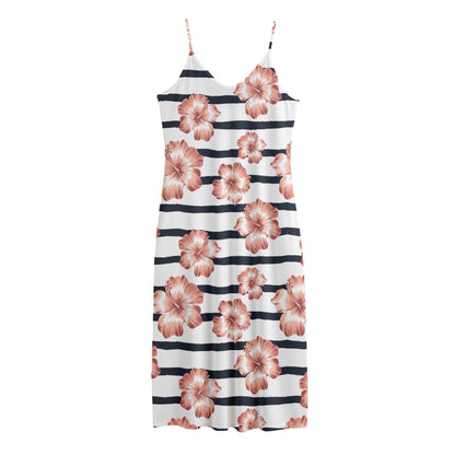 Pink Hibiscus Striped Pattern Print Jersey Midi Cami Dress