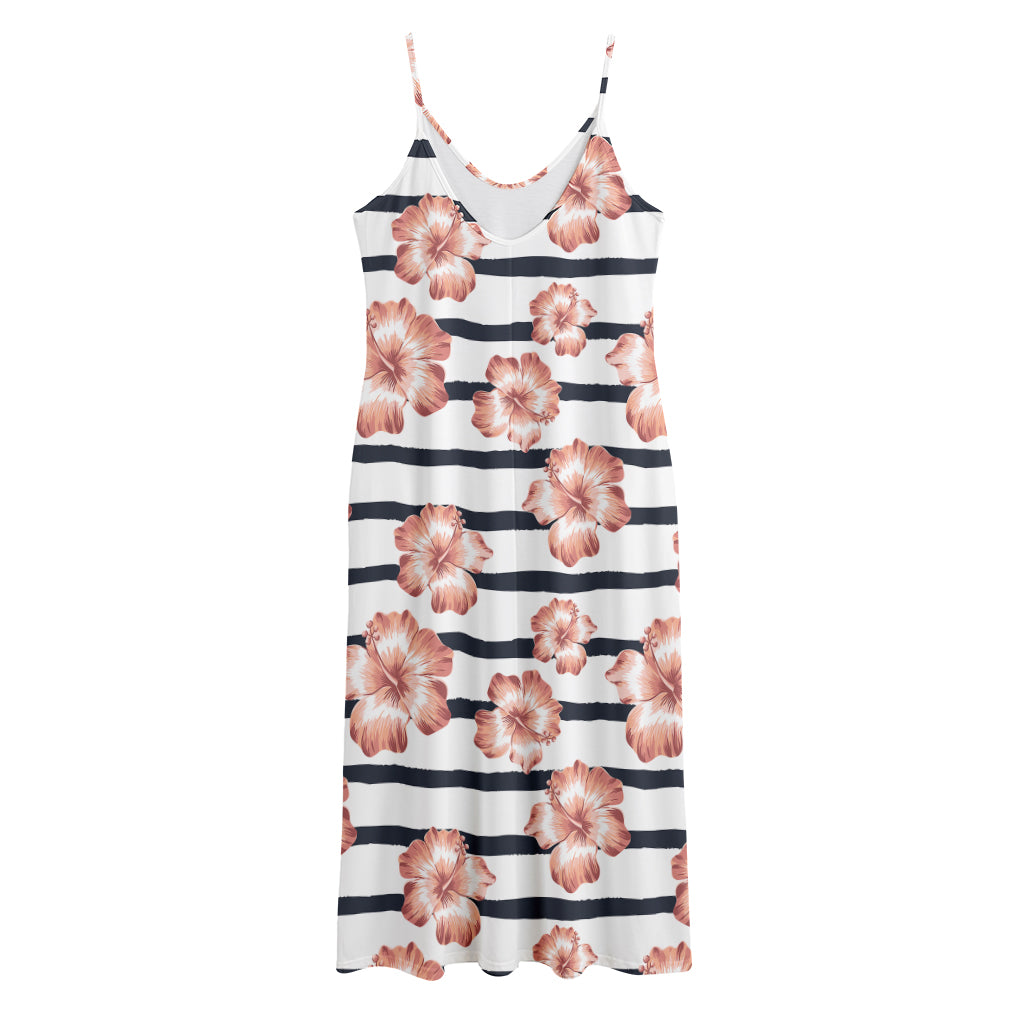 Pink Hibiscus Striped Pattern Print Jersey Midi Cami Dress
