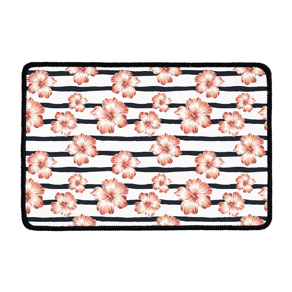 Pink Hibiscus Striped Pattern Print Kitchen Mat