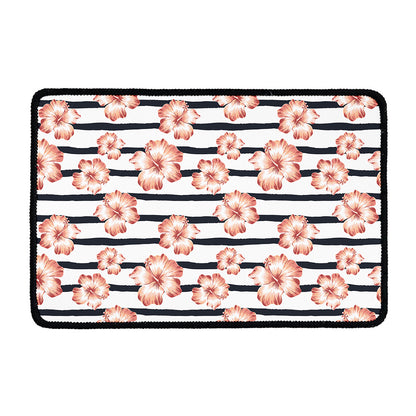 Pink Hibiscus Striped Pattern Print Kitchen Mat