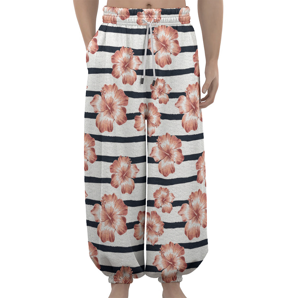 Pink Hibiscus Striped Pattern Print Lantern Pants