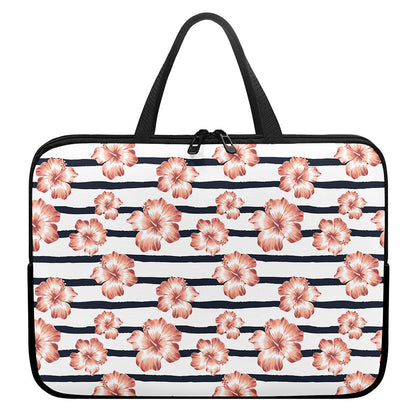 Pink Hibiscus Striped Pattern Print Laptop Sleeve With Handle