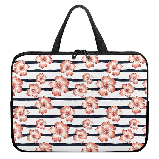 Pink Hibiscus Striped Pattern Print Laptop Sleeve With Handle