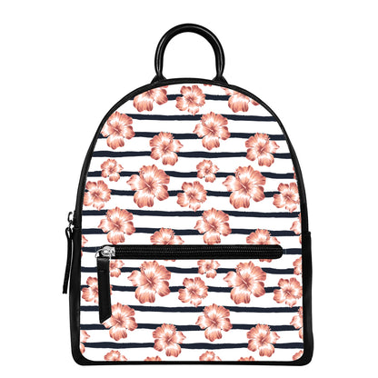 Pink Hibiscus Striped Pattern Print Leather Backpack