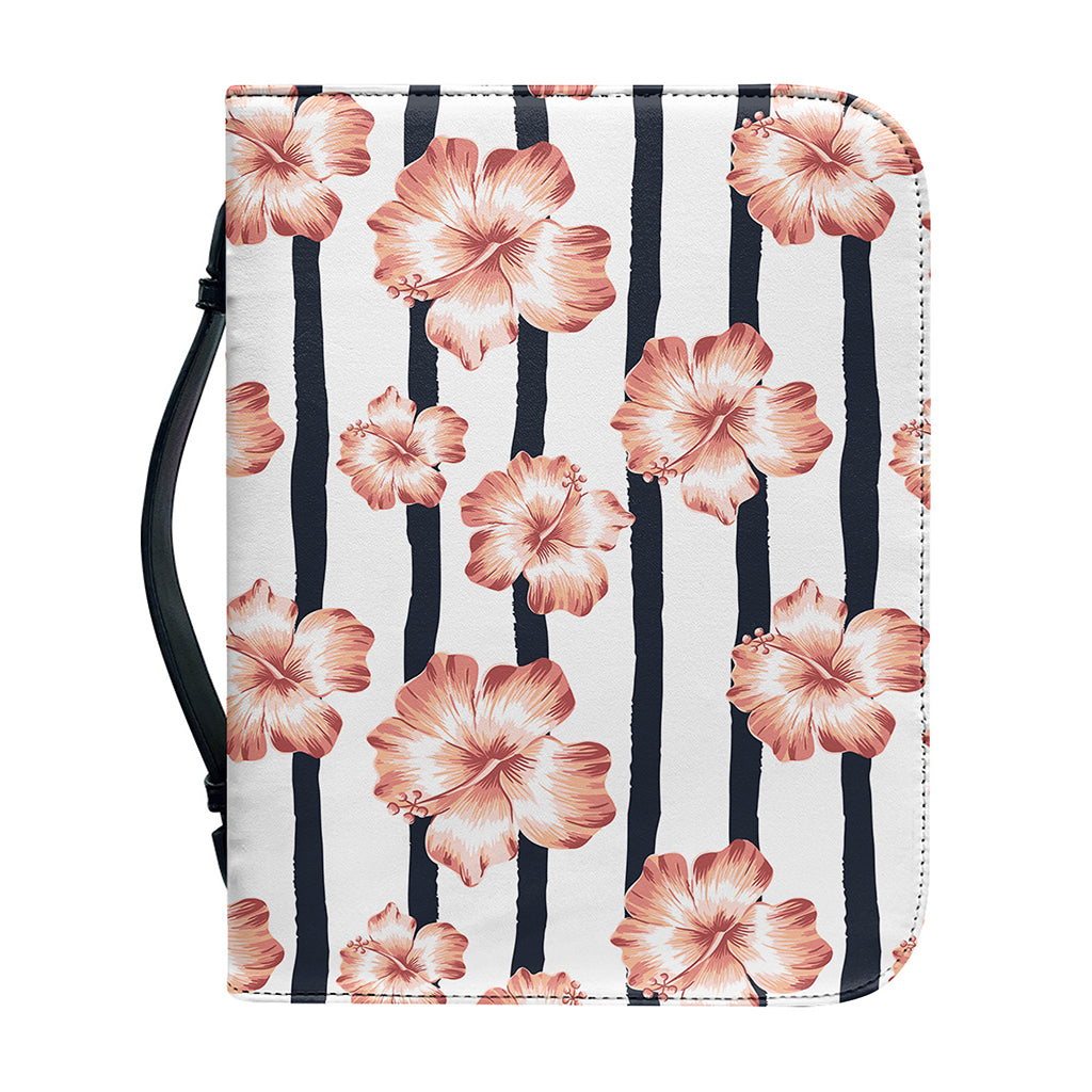 Pink Hibiscus Striped Pattern Print Leather Bible Cover