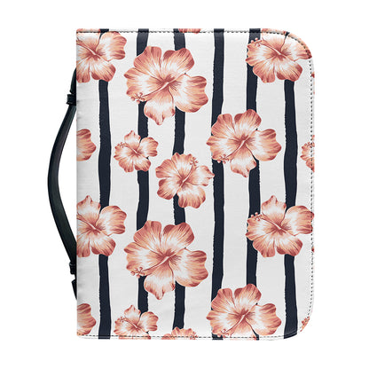 Pink Hibiscus Striped Pattern Print Leather Bible Cover