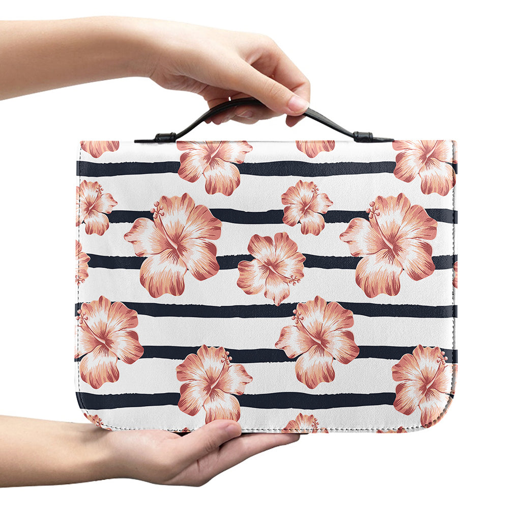 Pink Hibiscus Striped Pattern Print Leather Bible Cover