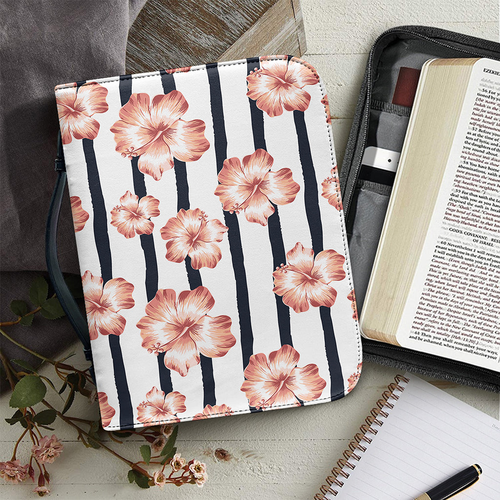 Pink Hibiscus Striped Pattern Print Leather Bible Cover
